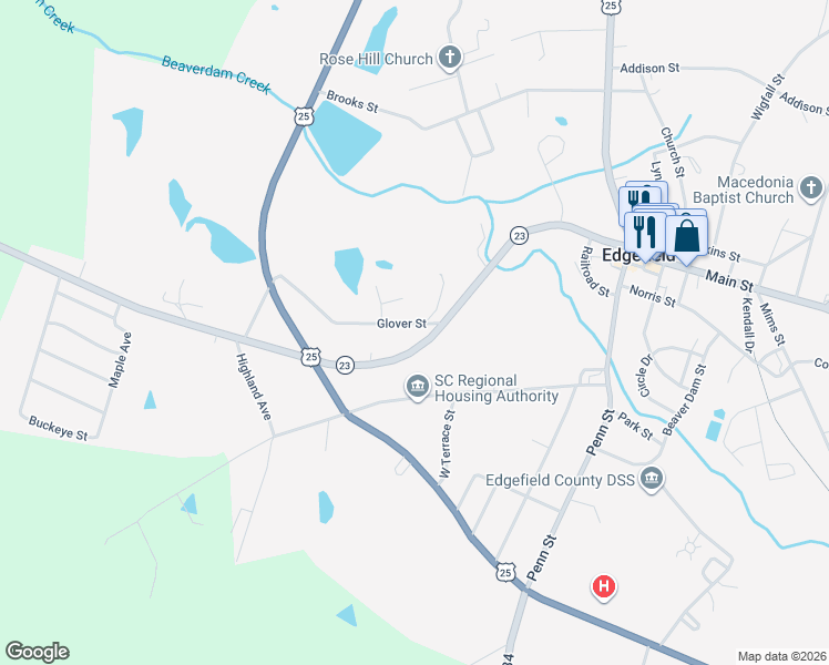 map of restaurants, bars, coffee shops, grocery stores, and more near 220 Glover Street in Edgefield