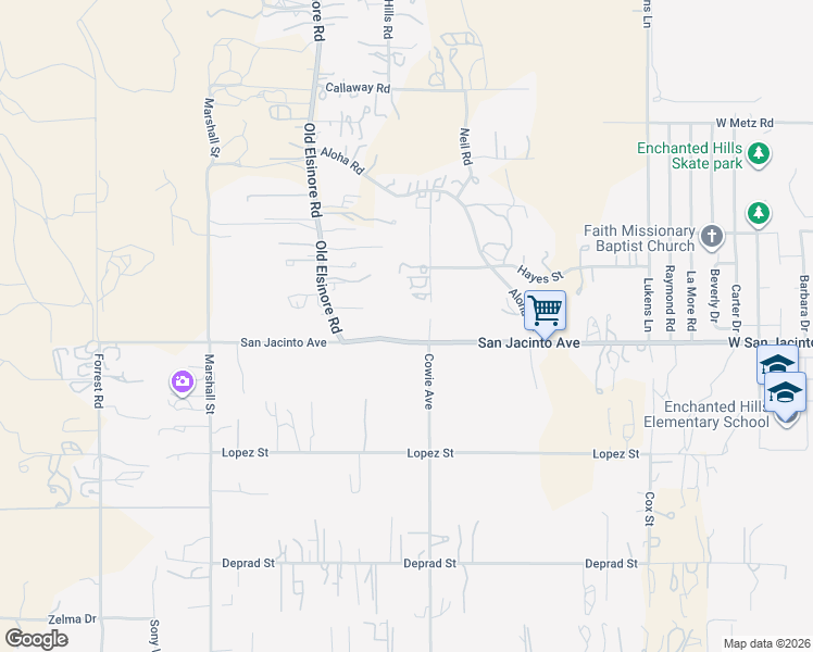 map of restaurants, bars, coffee shops, grocery stores, and more near 22440 San Jacinto Avenue in Perris