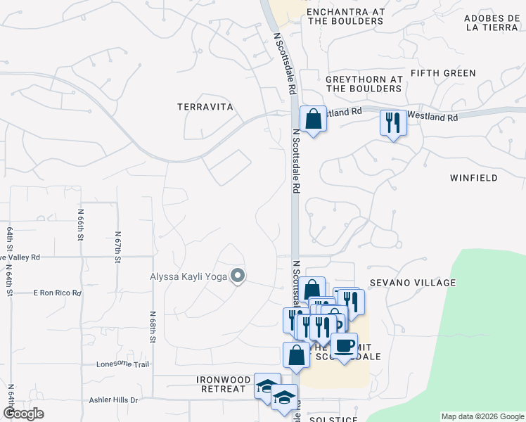 map of restaurants, bars, coffee shops, grocery stores, and more near 33268 North 71st Street in Scottsdale
