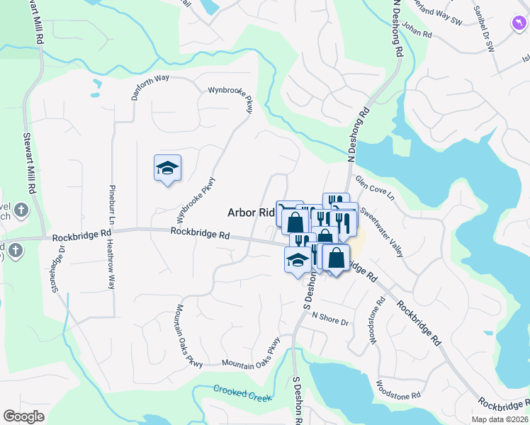 map of restaurants, bars, coffee shops, grocery stores, and more near 424 Arbor Ridge Drive in Stone Mountain