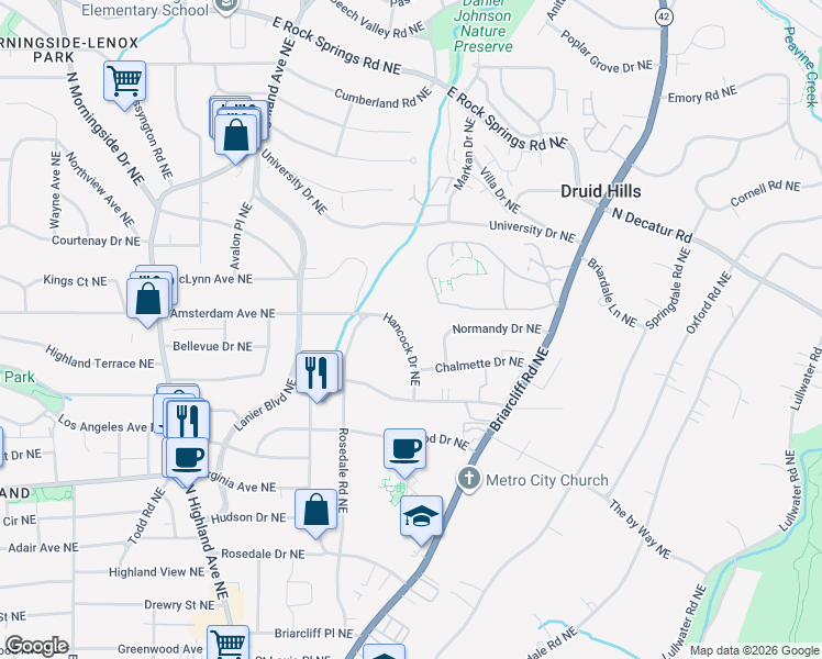 map of restaurants, bars, coffee shops, grocery stores, and more near 1173 Hancock Drive Northeast in Atlanta