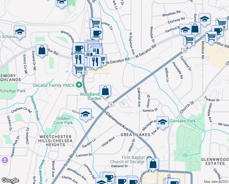 map of restaurants, bars, coffee shops, grocery stores, and more near 311 Scott Boulevard in Decatur