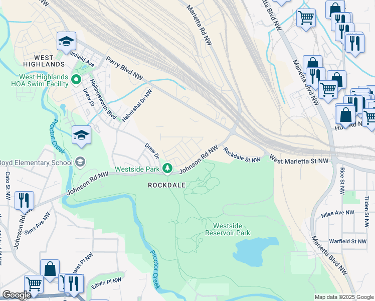 map of restaurants, bars, coffee shops, grocery stores, and more near 1578 Driggs Drive Northwest in Atlanta
