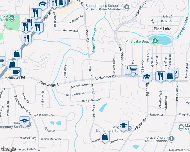 map of restaurants, bars, coffee shops, grocery stores, and more near 4203 Cheryl Ann Court in Stone Mountain