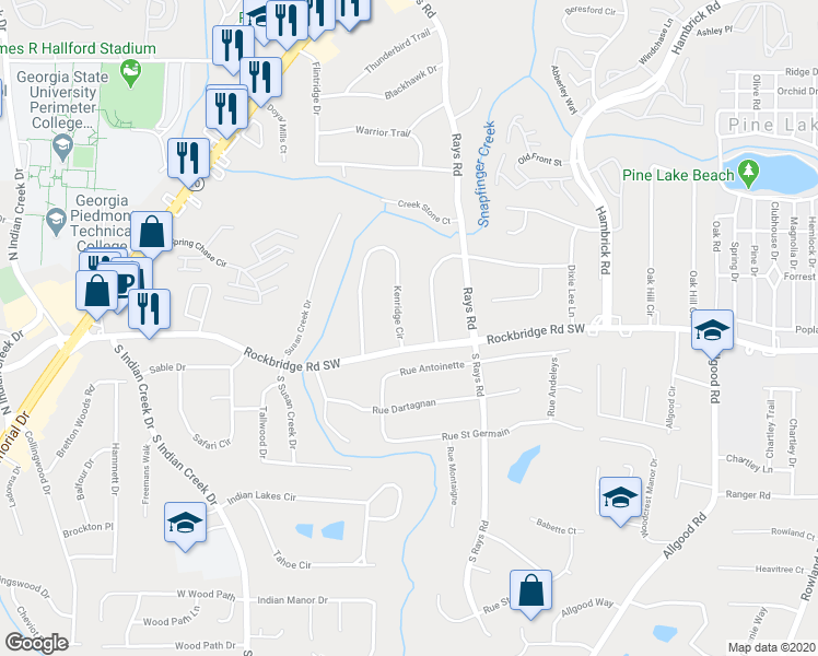map of restaurants, bars, coffee shops, grocery stores, and more near 612 Kenridge Cir in Stone Mountain