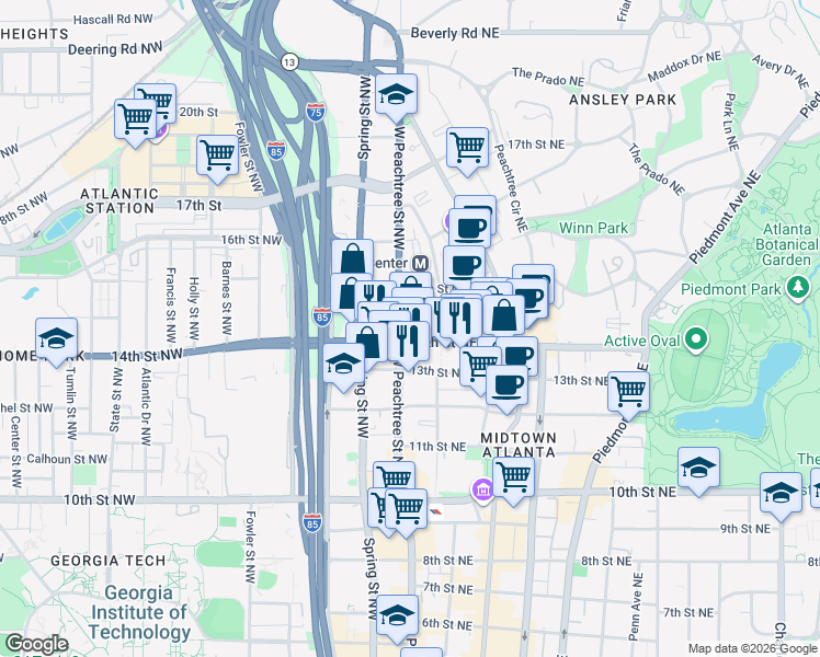 map of restaurants, bars, coffee shops, grocery stores, and more near 1197 Georgia 9 in Atlanta
