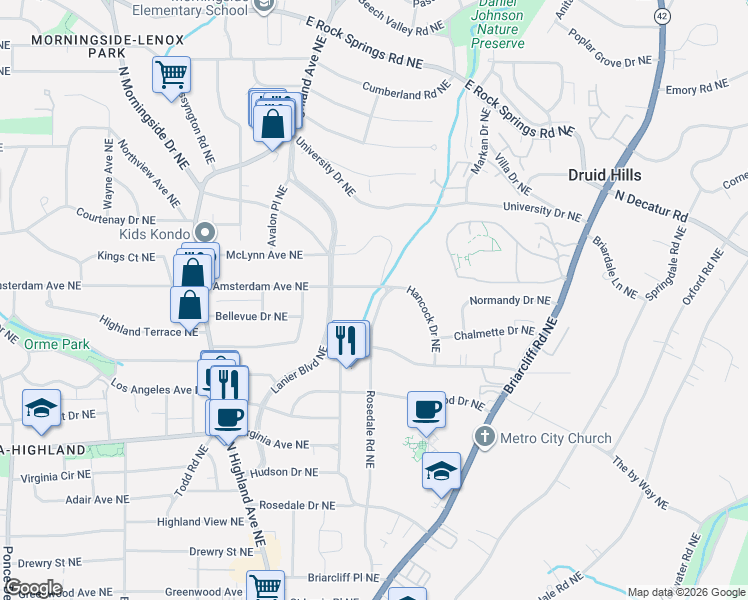 map of restaurants, bars, coffee shops, grocery stores, and more near 1183 Amsterdam Avenue Northeast in Atlanta