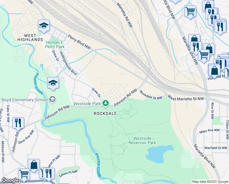 map of restaurants, bars, coffee shops, grocery stores, and more near 1615 Johnson Road Northwest in Atlanta