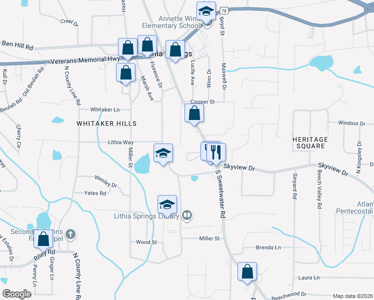 map of restaurants, bars, coffee shops, grocery stores, and more near 6867 South Sweetwater Road in Lithia Springs