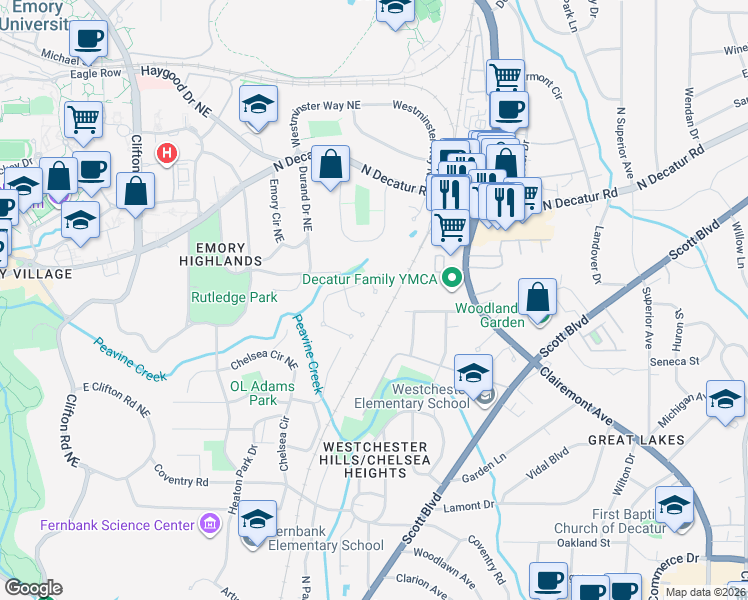 map of restaurants, bars, coffee shops, grocery stores, and more near 419 Spring House Cove Northeast in Atlanta