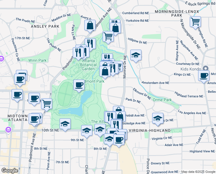 map of restaurants, bars, coffee shops, grocery stores, and more near 542 Orme Circle Northeast in Atlanta