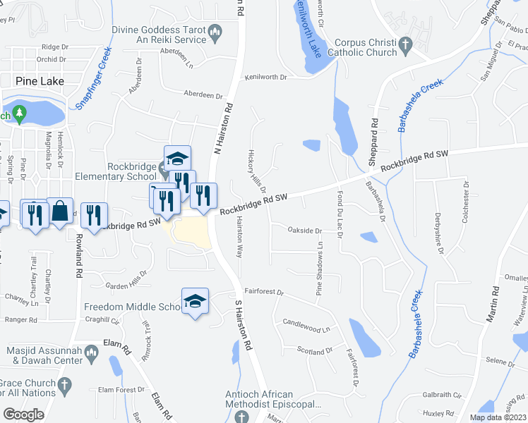 map of restaurants, bars, coffee shops, grocery stores, and more near 409 Maplecliff Drive in Stone Mountain