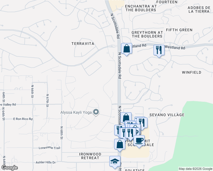 map of restaurants, bars, coffee shops, grocery stores, and more near 33268 North 71st Street in Scottsdale