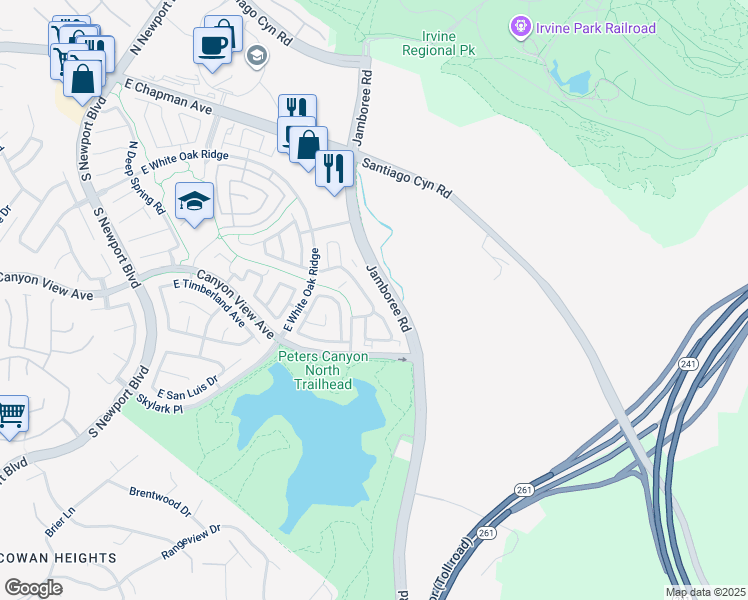 map of restaurants, bars, coffee shops, grocery stores, and more near 145 South Cross Creek Road in Orange