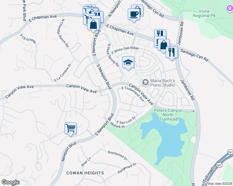 map of restaurants, bars, coffee shops, grocery stores, and more near 135 South Amberwood Street in Orange