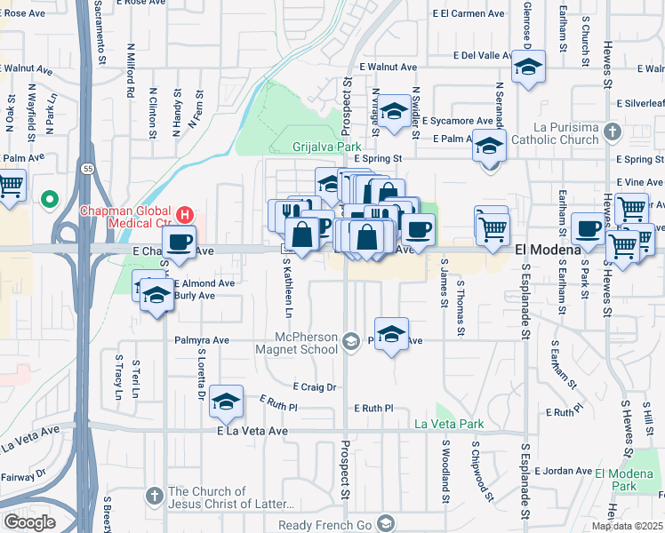 map of restaurants, bars, coffee shops, grocery stores, and more near in Orange