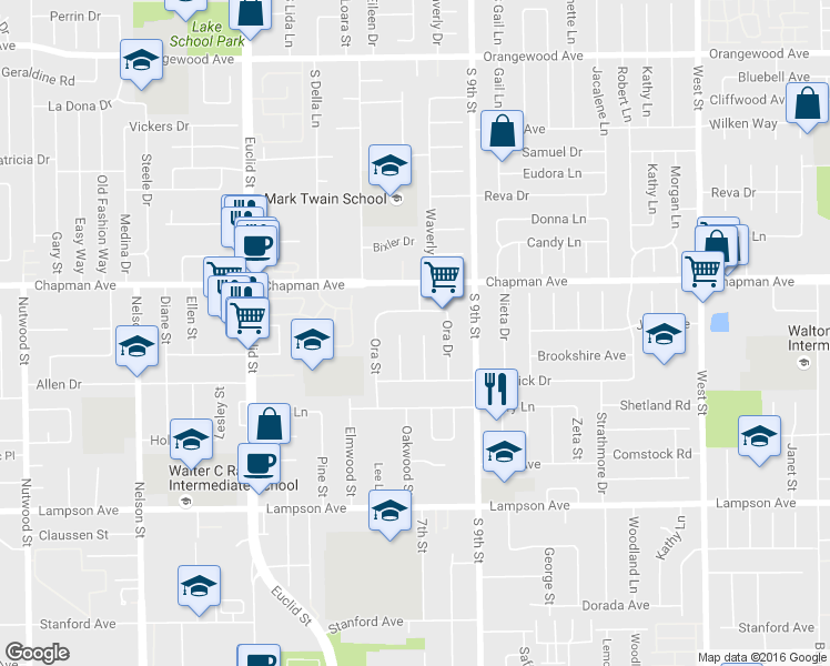 map of restaurants, bars, coffee shops, grocery stores, and more near 11362 Ora Drive in Garden Grove