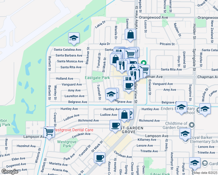 map of restaurants, bars, coffee shops, grocery stores, and more near 12072 Bailey Street in Garden Grove