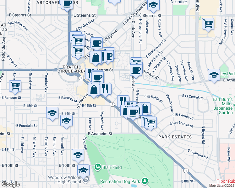 map of restaurants, bars, coffee shops, grocery stores, and more near 1610 Park Avenue in Long Beach