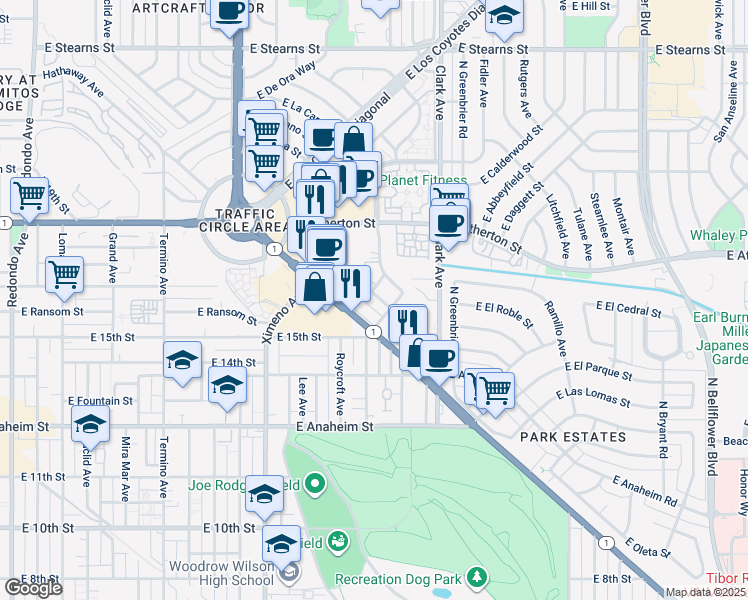 map of restaurants, bars, coffee shops, grocery stores, and more near 1611 Gish Avenue in Long Beach