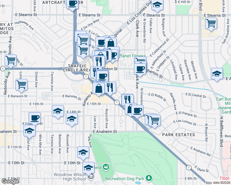 map of restaurants, bars, coffee shops, grocery stores, and more near 1611 Gish Avenue in Long Beach