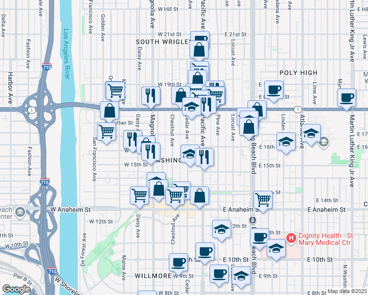 map of restaurants, bars, coffee shops, grocery stores, and more near 1615 Cedar Avenue in Long Beach