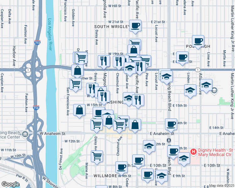 map of restaurants, bars, coffee shops, grocery stores, and more near 1629 Chestnut Avenue in Long Beach