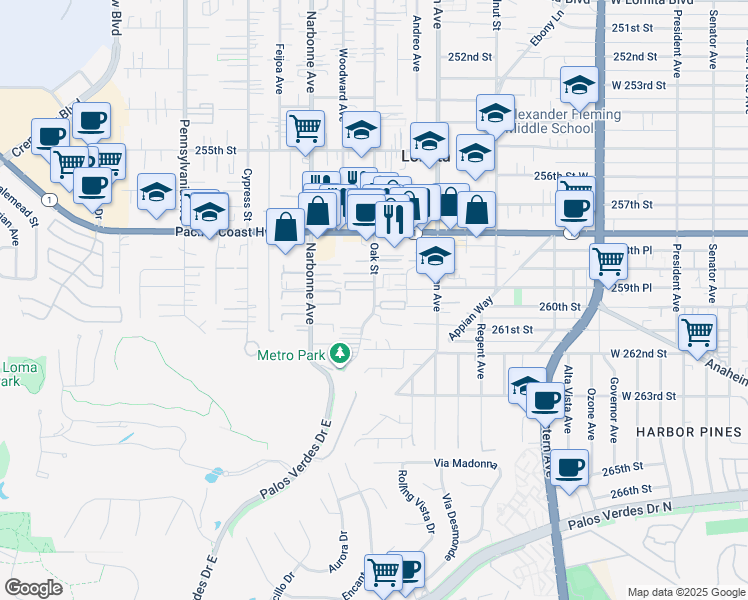 map of restaurants, bars, coffee shops, grocery stores, and more near 25900 Oak Street in Lomita