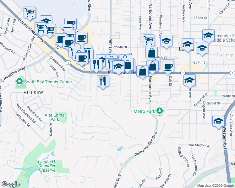 map of restaurants, bars, coffee shops, grocery stores, and more near 25917 Viana Avenue in Lomita