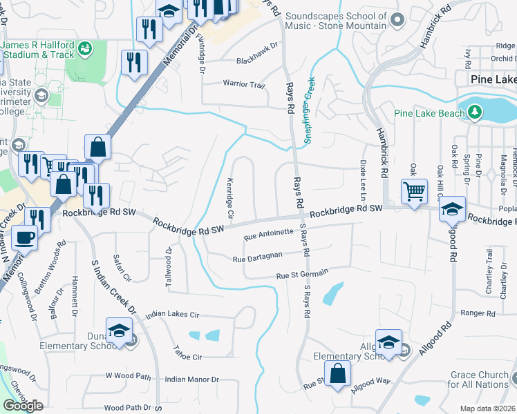 map of restaurants, bars, coffee shops, grocery stores, and more near 612 Kenridge Circle in Stone Mountain