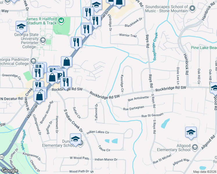 map of restaurants, bars, coffee shops, grocery stores, and more near 445 Susan Creek Drive in Stone Mountain