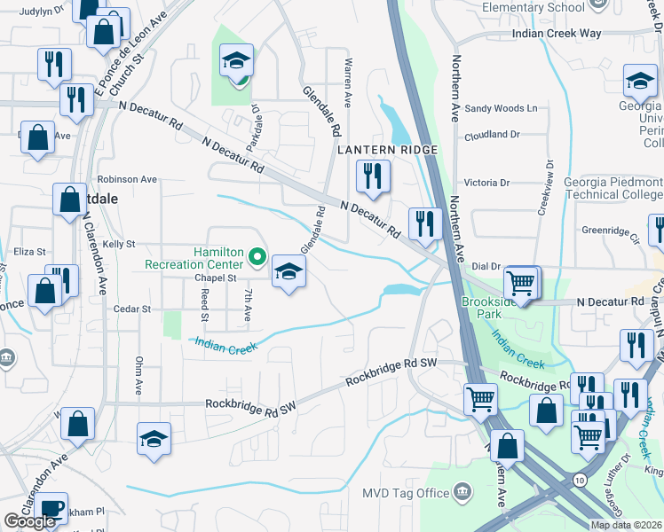 map of restaurants, bars, coffee shops, grocery stores, and more near 3354 Lawrence Street in Scottdale