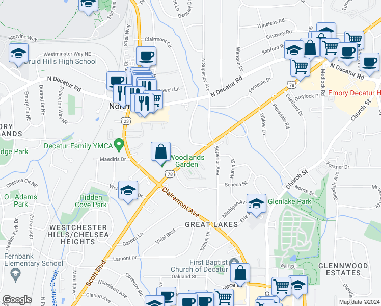 map of restaurants, bars, coffee shops, grocery stores, and more near 1020 Scott Boulevard in Decatur