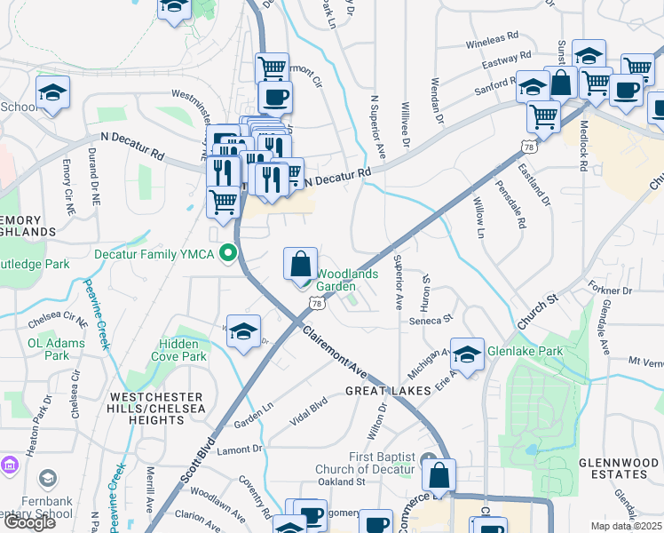 map of restaurants, bars, coffee shops, grocery stores, and more near 311 Scott Boulevard in Decatur