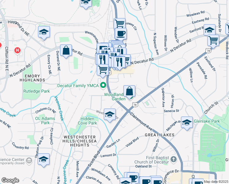 map of restaurants, bars, coffee shops, grocery stores, and more near 1105 Clairemont Avenue in Decatur