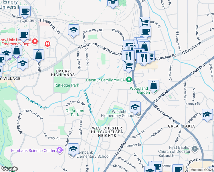 map of restaurants, bars, coffee shops, grocery stores, and more near 419 Spring House Cove Northeast in Atlanta
