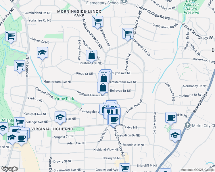 map of restaurants, bars, coffee shops, grocery stores, and more near in Atlanta