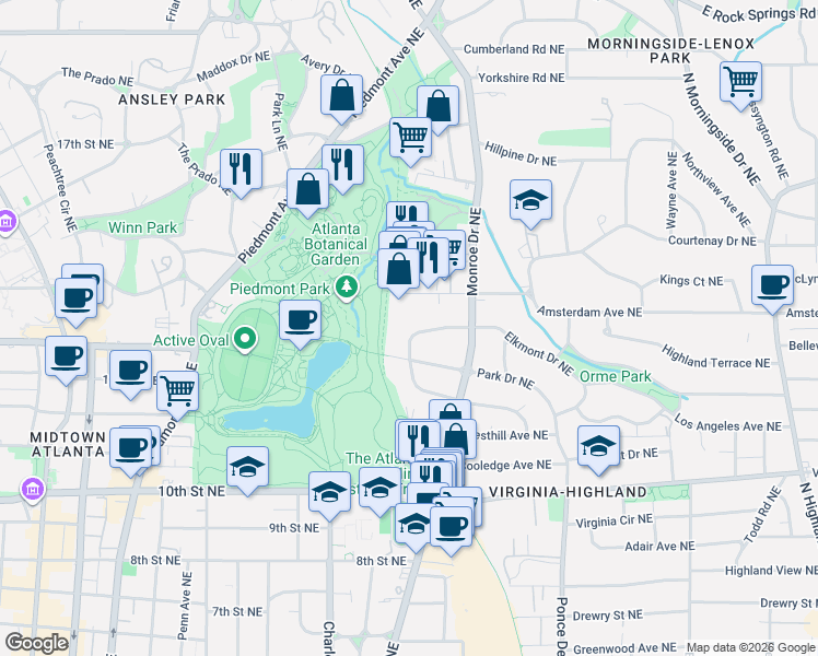 map of restaurants, bars, coffee shops, grocery stores, and more near 558 Orme Circle Northeast in Atlanta