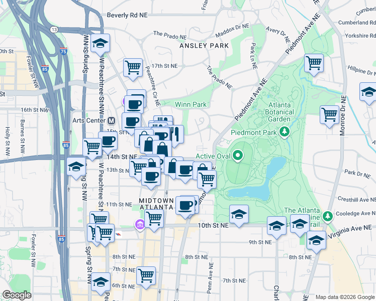 map of restaurants, bars, coffee shops, grocery stores, and more near in Atlanta
