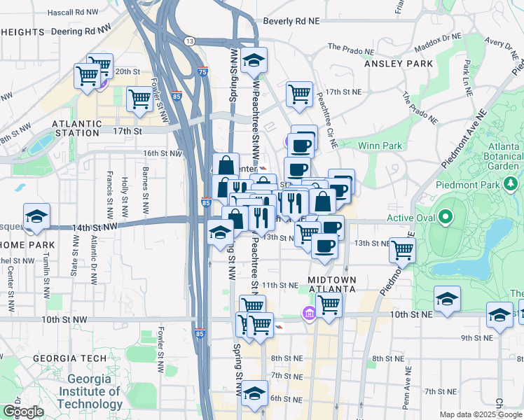 map of restaurants, bars, coffee shops, grocery stores, and more near 1197 Georgia 9 in Atlanta