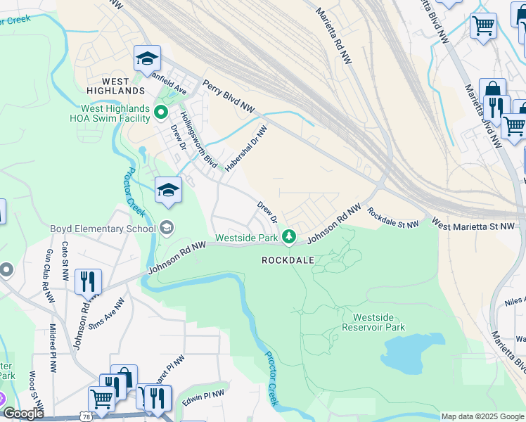 map of restaurants, bars, coffee shops, grocery stores, and more near 1536 Drew Drive in Atlanta