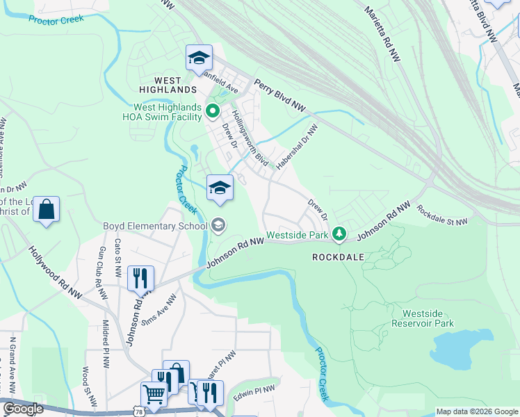 map of restaurants, bars, coffee shops, grocery stores, and more near 1560 Habershal Drive Northwest in Atlanta