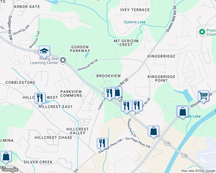 map of restaurants, bars, coffee shops, grocery stores, and more near 6778 Blackstone Place in Mableton