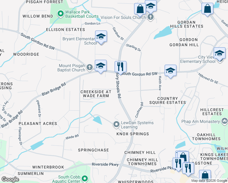 map of restaurants, bars, coffee shops, grocery stores, and more near 733 Wade Farm Drive in Austell
