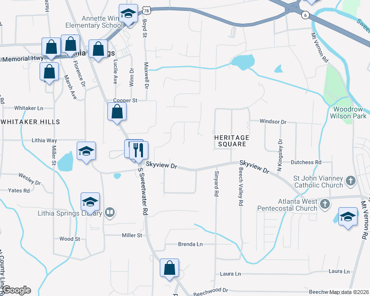 map of restaurants, bars, coffee shops, grocery stores, and more near 1621 Sky Crest Drive in Lithia Springs