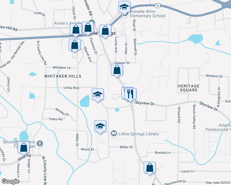 map of restaurants, bars, coffee shops, grocery stores, and more near 2570 Rosehill Circle in Lithia Springs