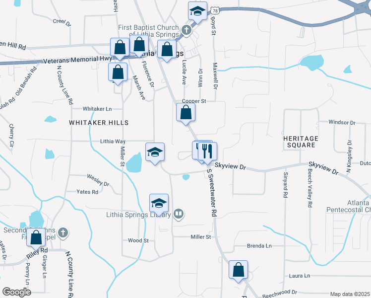 map of restaurants, bars, coffee shops, grocery stores, and more near 6867 South Sweetwater Road in Lithia Springs