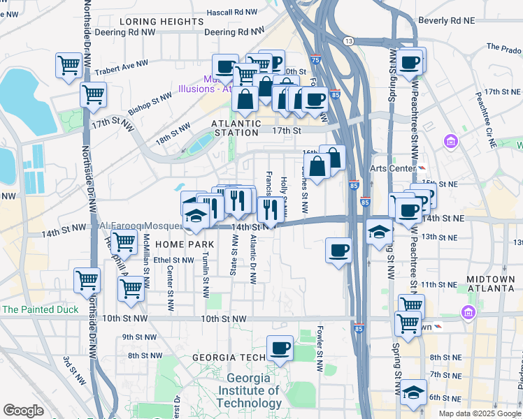 map of restaurants, bars, coffee shops, grocery stores, and more near 1186 Francis Street Northwest in Atlanta