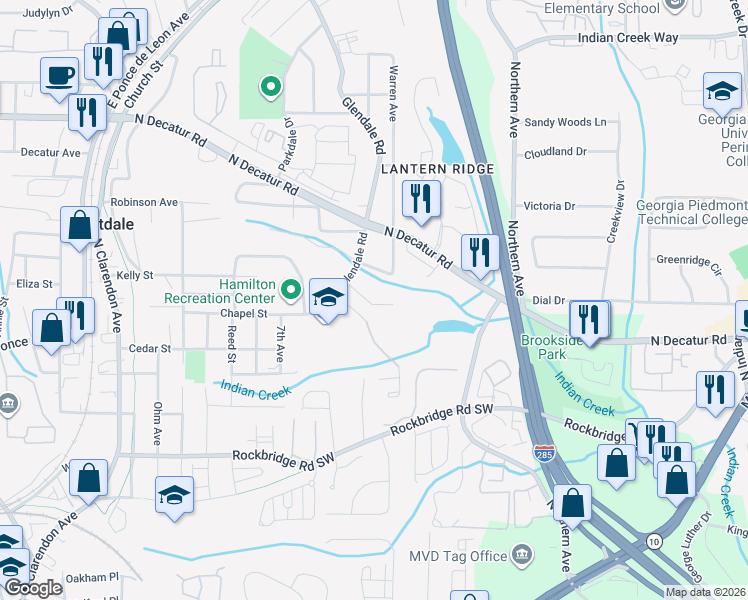 map of restaurants, bars, coffee shops, grocery stores, and more near 3354 Lawrence Street in Scottdale