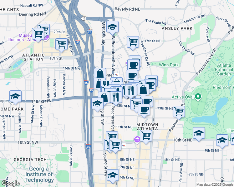 map of restaurants, bars, coffee shops, grocery stores, and more near 1201 West Peachtree Street Northwest in Atlanta